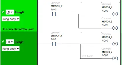 PLC Ladder Logic Example based on Set Coil and Reset Coil