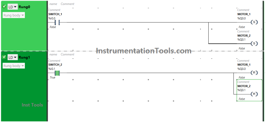 PLC Ladder Logic Example based on Set Coil and Reset Coil