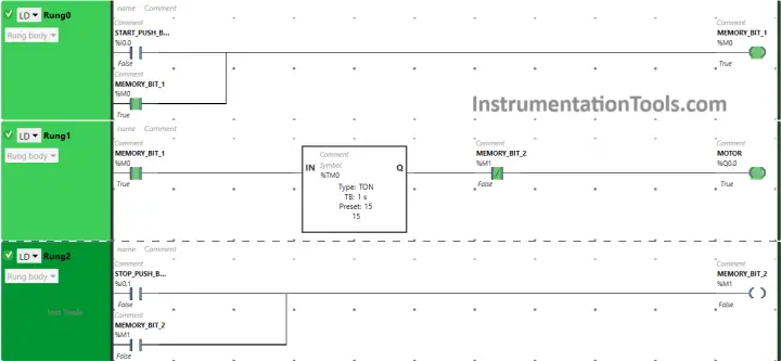 PLC Code to Start & Stop Motor and Pump as per Logic