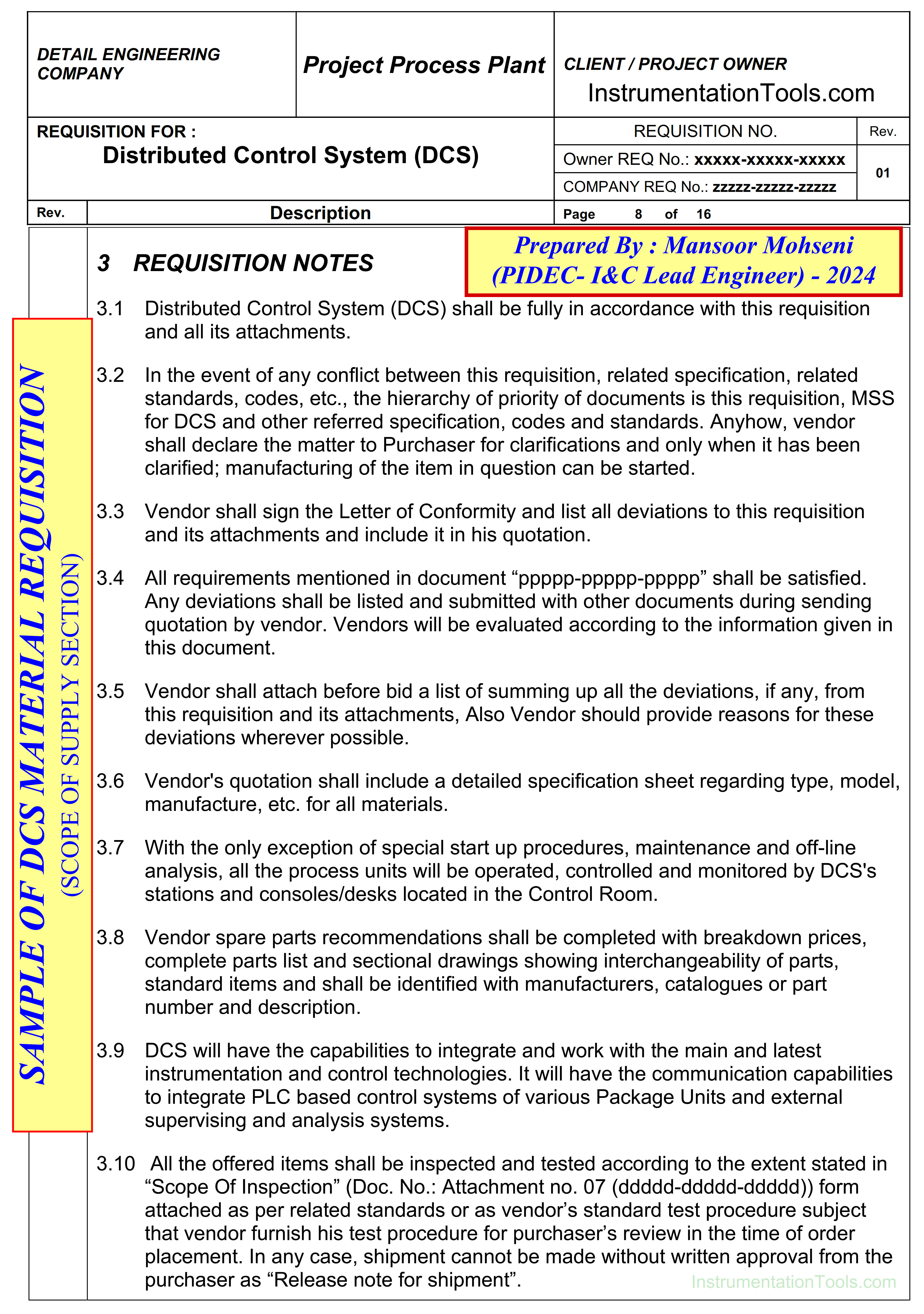 Requisition Notes Section of Industrial Control System