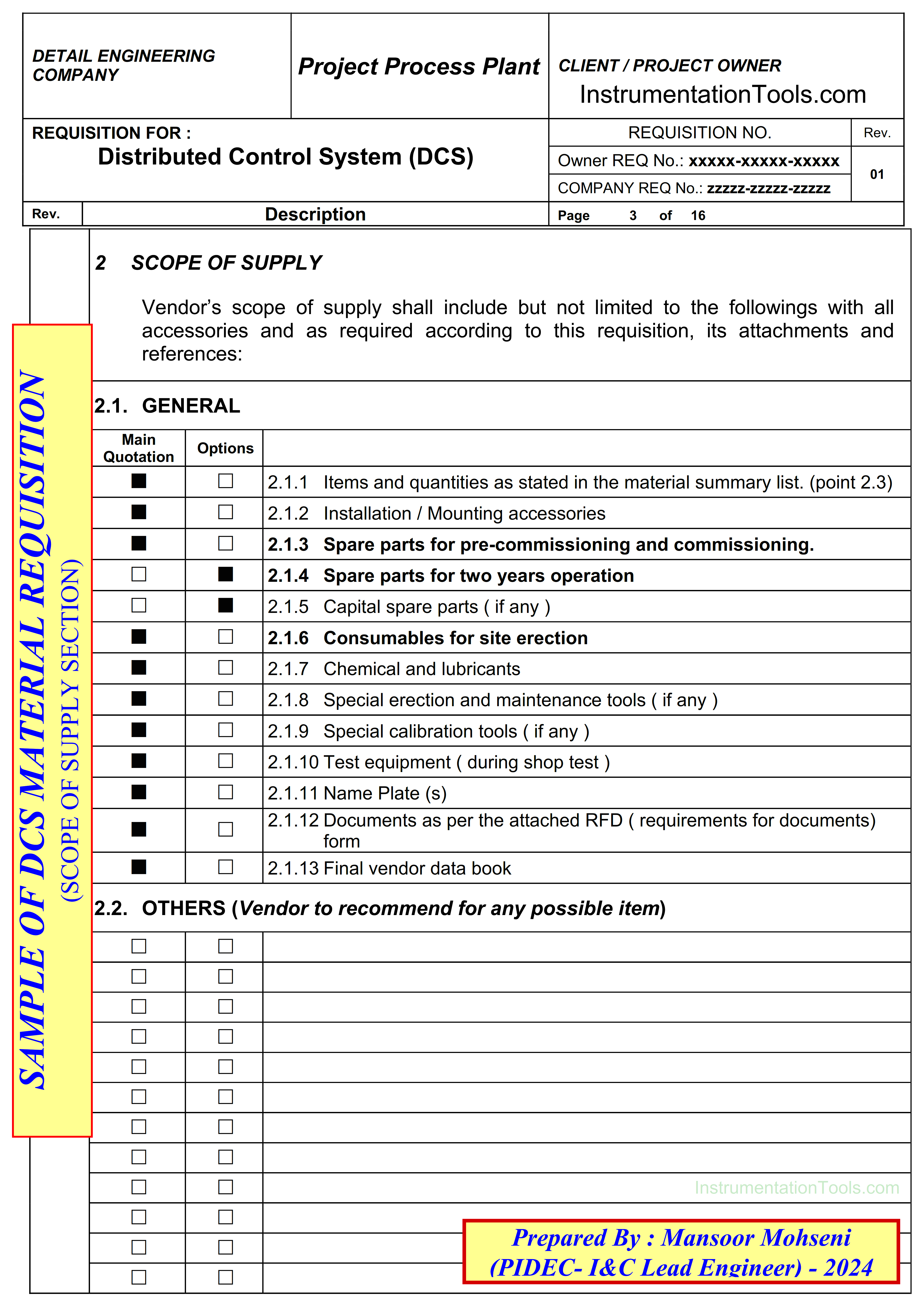 Scope of Supply Section of Distributed Control System Requisition