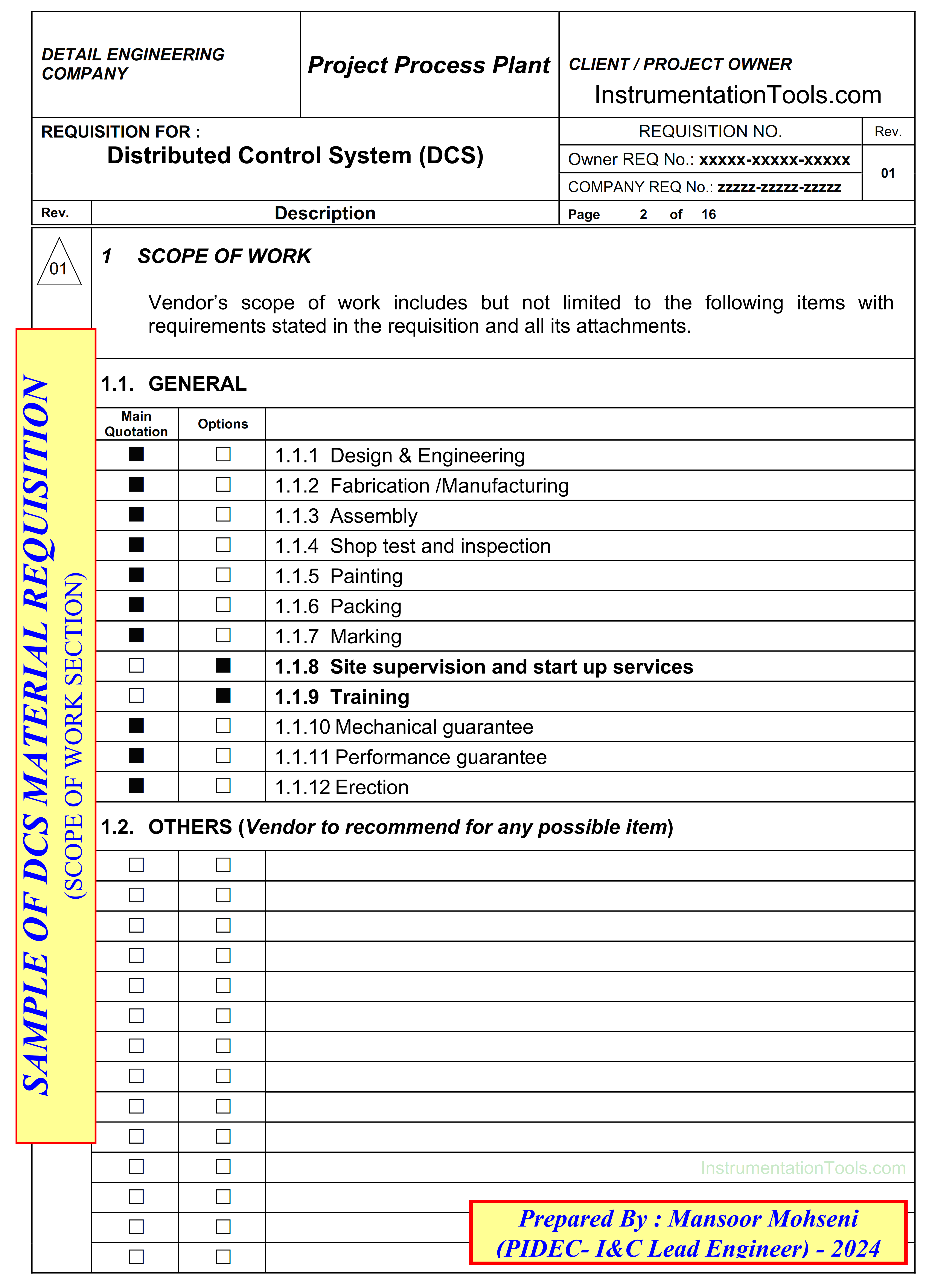 Scope of Work Section of Distributed Control System (DCS) Requisition