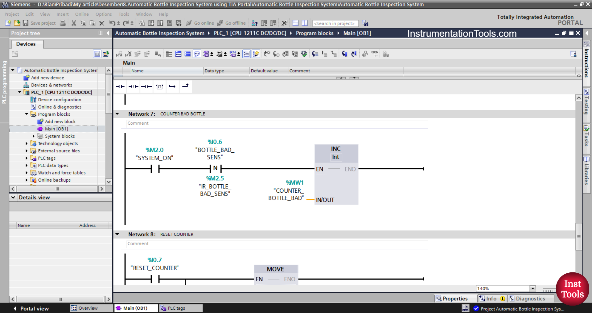 Siemens TIA Portal Program for Classifying Good and Bad Bottles