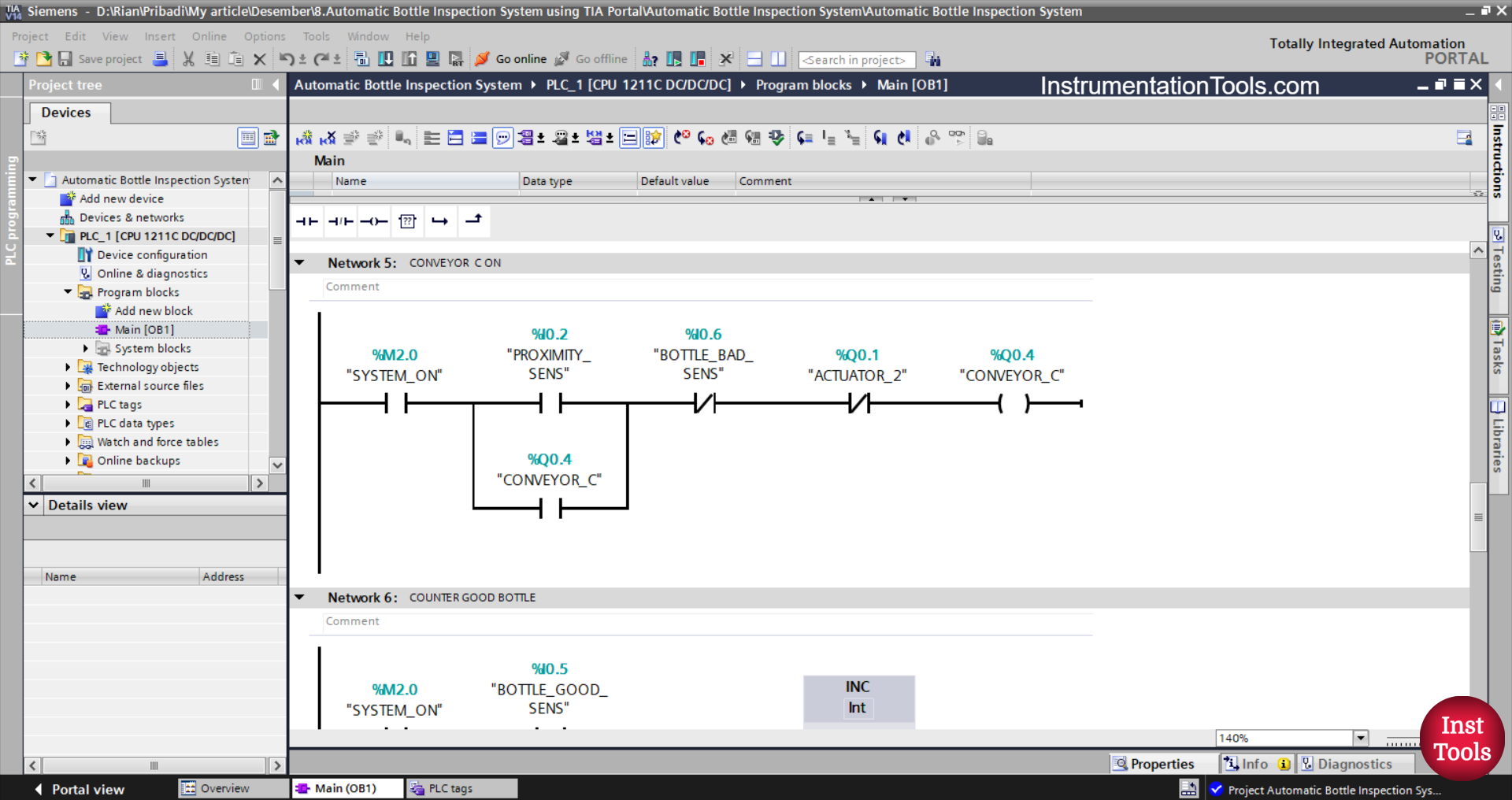 TIA Portal Logic for Bottle Sorting Based on Quality