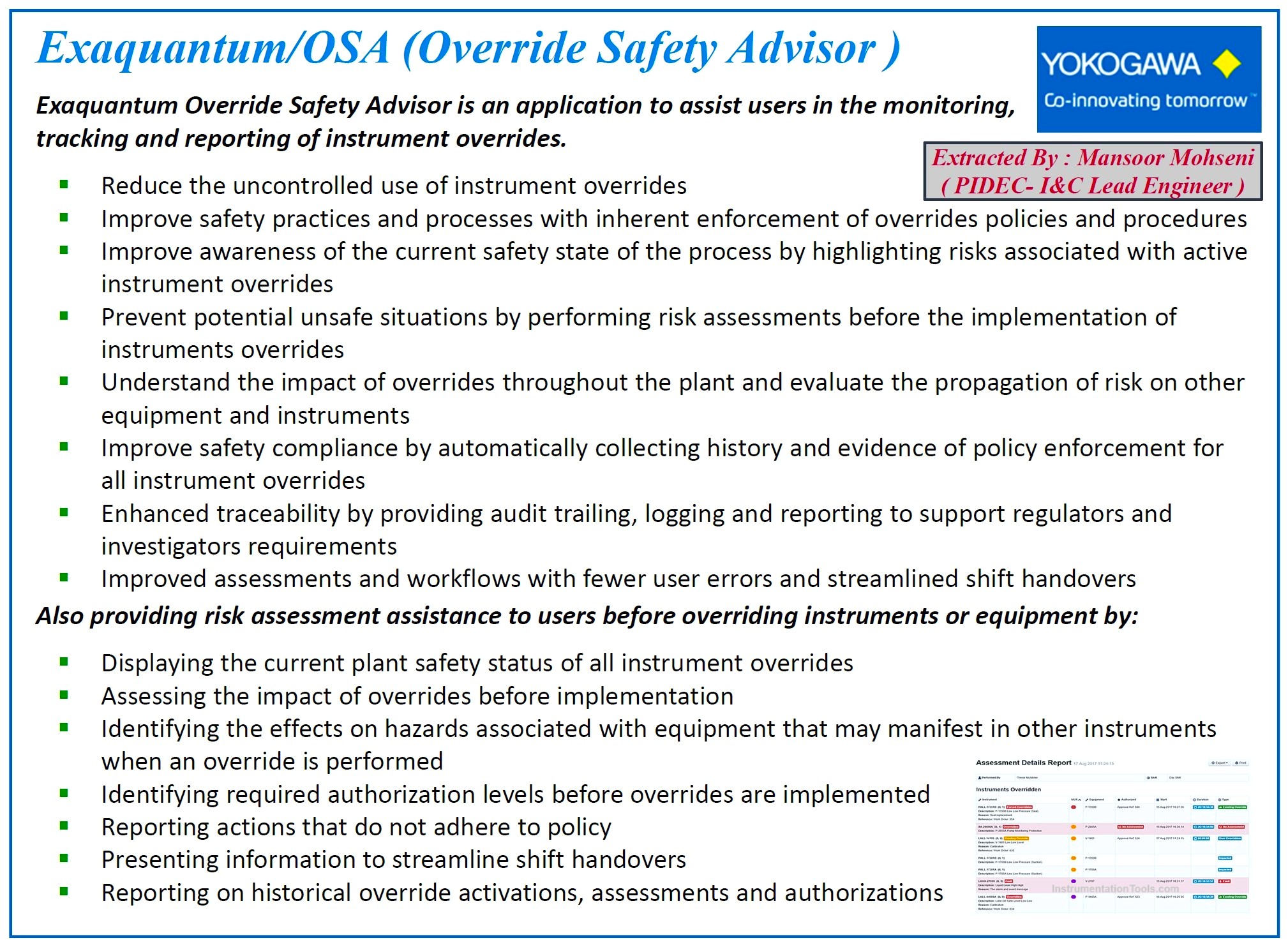 Override Safety Advisor (OSA) of Yokogawa Exaquantum