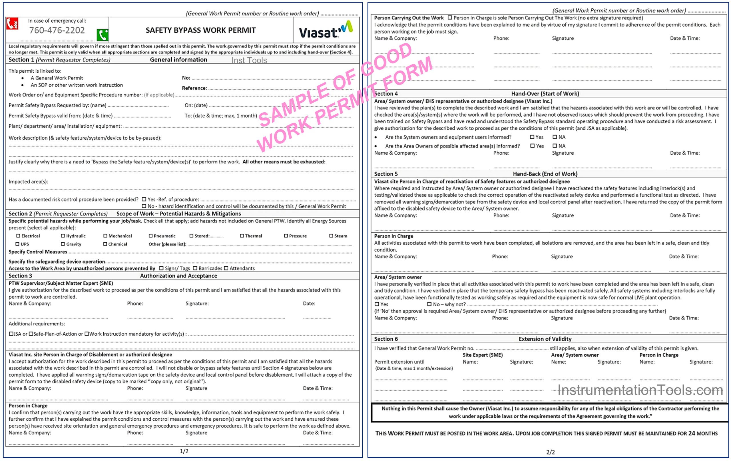 Sample of Good Safety Bypass Work Permit Form