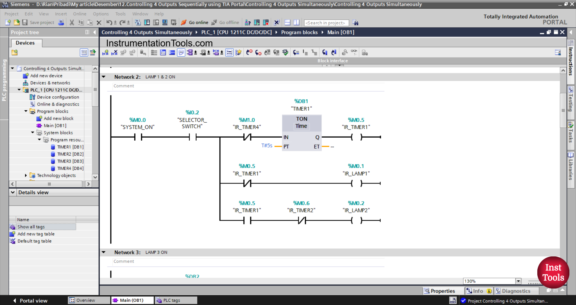 Siemens TIA Portal Sample for 4 Lamps Logic